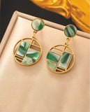 Golden jadeite Geometric Double Round Drop Earrings, Rhodium Plated