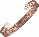 Magnetic Bracelet with mystic dragon and phoenix imprint and 8 magnets Copper, Adjustable bangle Can combat joint pain and improve circulation Delivered in a soft, black, velveteen pouch
