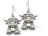 Kyloe Highland Cow Drop Earrings Silver Coloured 15mm in size, Rhodium Plated Hypoallergenic; Free from cadmium, lead and nickel Delivered in a soft, black, velveteen pouch