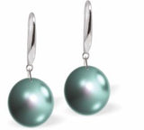 Austrian Crystal 8mm Pearl Drop Earrings in Iridescent Light Turquoise Blue, Rhodium Plated