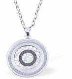 Glitzy Circular Necklace in Grey, Silver and Black Rhodium Plated, 28mm in size See matching Earrings K617 Hypoallergenic; Free from cadmium, lead and nickel Delivered in a soft, black, velveteen pouch