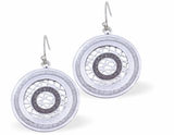 Glitzy Circular Drop Earrings in Grey, Silver and Black Rhodium Plated, 20mm in size See matching Necklace K616 Hypoallergenic; Free from cadmium, lead and nickel Delivered in a soft, black, velveteen pouch