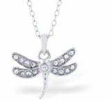 Crystal Encrusted Sparkling Cute Dragonfly Necklace, Rhodium Plated
