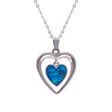 Paua Shell Heart within a Heart Necklace, Rhodium Plated