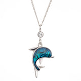 Natural Paua Shell Beautiful Dolphin Necklace with Crystal Link, by Byzantium. Rhodium Plated, 25mm in size