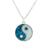 Natural Paua Shell Yin Yang Necklace, by Byzantium. Rhodium Plated, 20mm in size