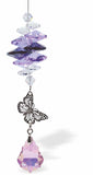Austrian Crystal Suncatcher, Multi-faceted Crystals in Purples and Clear Crystal with Violet Baroque Drop and Butterfly Link