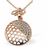 Warm Rose Gold Coloured Honeycombe Necklace, Crystal Encrusted with Bee by Byzantium.