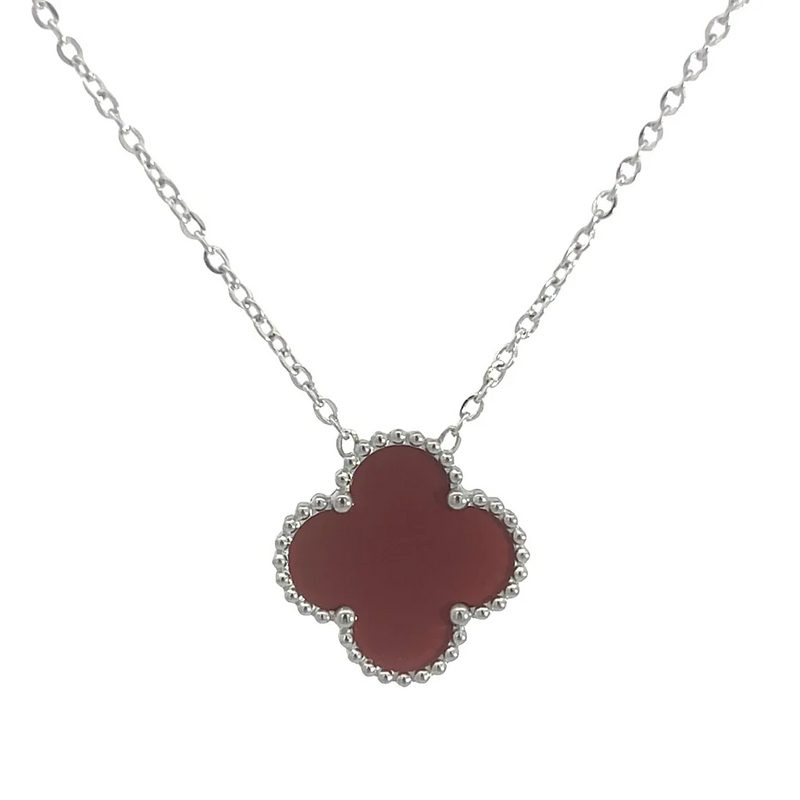 MP65 - Deep Red Four Leaf Clover Pendant Necklace, Silver Coloured