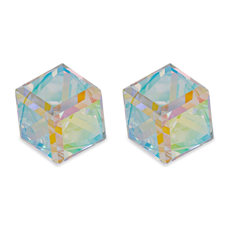 Austrian Crystal Oblique Cube Stud Earrings, 4mm and 6mm in size in Aurora Borealis with Sterling Silver Earwires