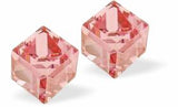 Austrian Crystal Oblique Cube Stud Earrings in Padparadscha Red with Sterling Silver Earwires