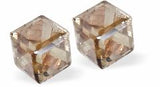 Austrian Crystal Oblique Cube Stud Earrings, 4mm in size in  Golden Shadow, Sterling Silver Earwires