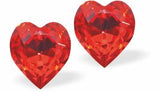 Austrian Crystal Heart Stud Earrings in Padparadscha Red, Available in 2 Sizes with Sterling Silver Earwires