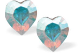 Austrian Crystal Heart Stud Earings in AB effect, with sterling silver earwires.
