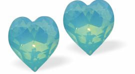 Austrian Crystal Heart Stud Earrings in Pacific Opal Blue. in Two Sizes with Sterling Silver Earwires.