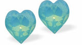 Austrian Crystal Heart Stud Earrings in Pacific Opal Blue. in Two Sizes with Sterling Silver Earwires.