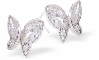 Silver Coloured Butterfly Stud Earrings Colour: Crisp Clear Crystal Rhodium Plated 12mm in size Hypoallergenic; Free from cadmium, lead and nickel Delivered in a soft, black, velveteen pouch