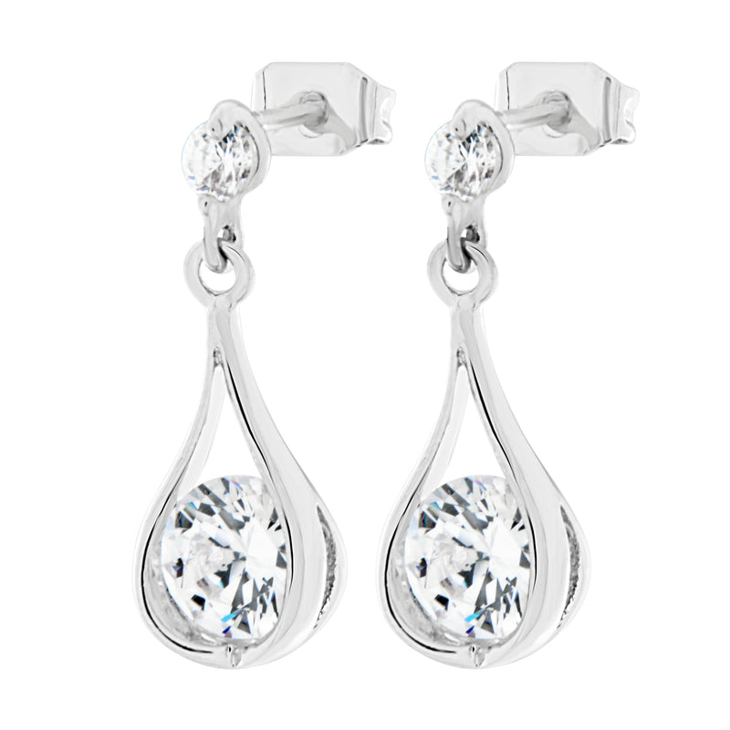 Austrian Crystal Cupped Raindrop Drop Earrings, Rhodium Plated