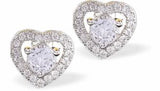 Crystal Pave Heart Stud Earrings with Central Crystal Embellishment, Rhodium Plated
