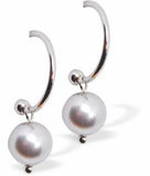 Pearl Half Hoop Drop Earrings Rhodium Plated, hypoallergenic Hypoallergenic; Free from cadmium, lead and nickel 27mm in size Delivered in a soft, black, velveteen pouch