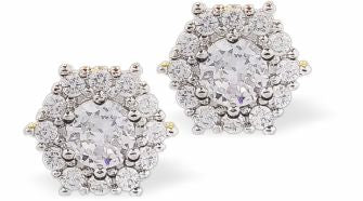 Crystal Encrusted Round Stud Earrings with Pave Embellishment
12mm in size

Colour: Silver Coloured. Blue Crystals
Rhodium Plated
Delivered in a soft, black, velveteen pouch