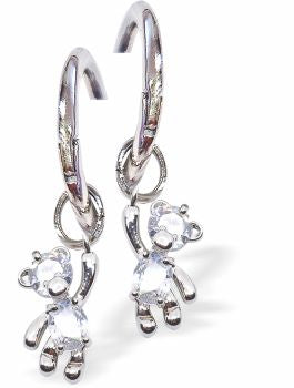 Floating Teddy Hoop Drop Earrings, Rhodium Plated Colour: Silver and Crystal Rhodium Plated 26mm in size Hypoallergenic; Free from cadmium, lead and nickel Delivered in a soft, black, velveteen pouch