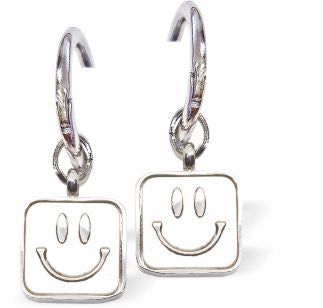Square Smiley Face Hoop Drop Earrings Colour: Silver Rhodium Plated 27mm in size Hypoallergenic; Free from cadmium, lead and nickel Delivered in a soft, black, velveteen pouch