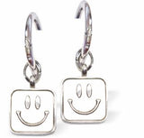 Square Smiley Face Hoop Drop Earrings, Rhodium Plated
