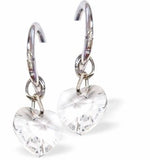 Clear Crystal Heart on Hoop Drop Earrings Rhodium Plated, hypoallergenic Hypoallergenic; Free from cadmium, lead and nickel 28mm in size Delivered in a soft, black, velveteen pouch