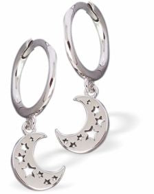 Silver Coloured Moons with Star Inlay Hoop Earrings, Rhodium Plated