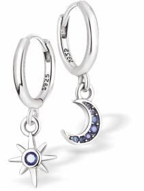 Silver Coloured Moon with Crystals and Star Hoop Earrings, Rhodium Plated