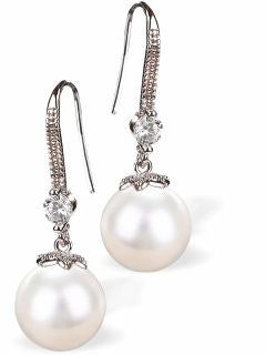 White Round Pearl Antiquey Drop Earrings Colour: White Rhodium Plated 23mm in size Hypoallergenic; Free from cadmium, lead and nickel Delivered in a soft, black, velveteen pouch