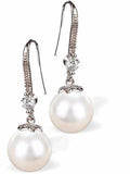 White Round Pearl Antiquey Drop Earrings, Rhodium Plated