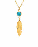 Golden Coloured Feather Necklace with Blue Stone, Rhodium Plated