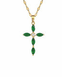 Delicate Green Coloured Cross Necklace, Rhodium Plated
