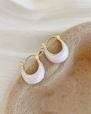 White Retro Hoop Earrings, Rhodium Plated
