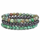 Artisan Natural Stone African Pine Stretch Bracelet Triple Deck, Natural Green, Browns and Black Hypoallergenic: Nickel, Lead and Cadmium Free  Delivered in a soft, black, velveteen pouch