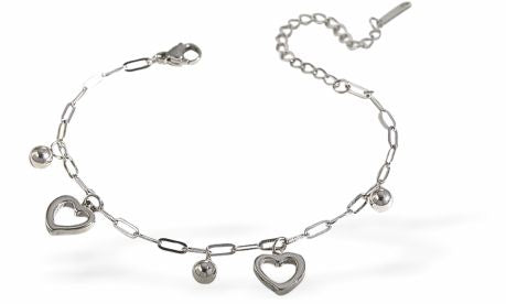 Adjustable Chain Bracelet, Rhodium Plated
Heart and ball charms

6cm in diameter
Nickel Free, Hypoallergenic
Delivered in a soft, black, velveteen pouch