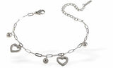 Adjustable Silver Coloured Chain Link Bracelet with Heart Charms, Rhodium Plated