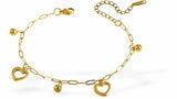 Adjustable Golden Chain Link Bracelet with Heart Charms, Rhodium Plated