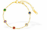 Adjustable Golden Chain Link Bracelet with Multi Coloured Crystal Links, Rhodium Plated