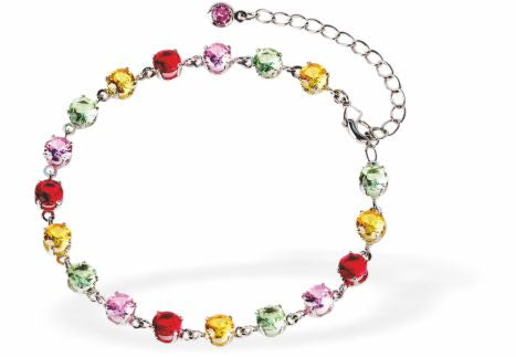 Adjustable Bracelet, Rhodium Plated
Multi coloured crystals

6cm in diameter
Nickel Free, Hypoallergenic
Delivered in a soft, black, velveteen pouch