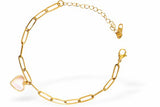 Adjustable Golden Chain Link Bracelet with Heart Charm, Rhodium Plated
