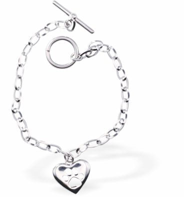 Chain Link Bracelet, Rhodium Plated with T-Bar&nbsp;
Heart with paw Print Charm

6cm in diameter
Nickel Free, Hypoallergenic
Delivered in a soft, black, velveteen pouch