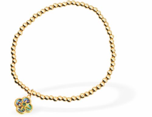 Stretch Charm Bracelet with Golden Coloured Beads, Rhodium Plated
Paua Shell Clover Charm
6cm diameter, stretch&nbsp;
Nickel, Lead and Cadmium Free, Hypoallergenic
Delivered in a soft, black, velveteen pouch