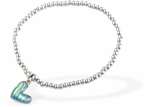 Stretch Charm Bracelet, Rhodium Plated
Paua Shell Heart Charm
6cm diameter, stretch&nbsp;
Nickel, Lead and Cadmium Free, Hypoallergenic
Delivered in a soft, black, velveteen pouch