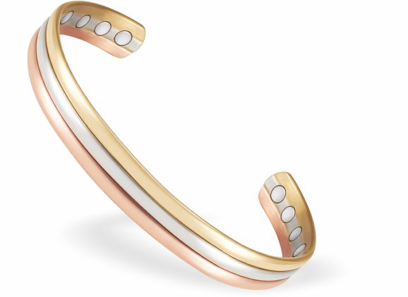 Magnetic Copper Bracelet 8 magnets
Copper, Adjustable bangle
Golden, Rose Gold and Silver Coloured Strips
Can combat joint pain and improve circulation
Delivered in a soft, black, velveteen pouch