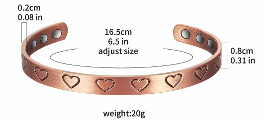 Magnetic Copper Bracelet with 8 magnets with Pressed Hearts Design