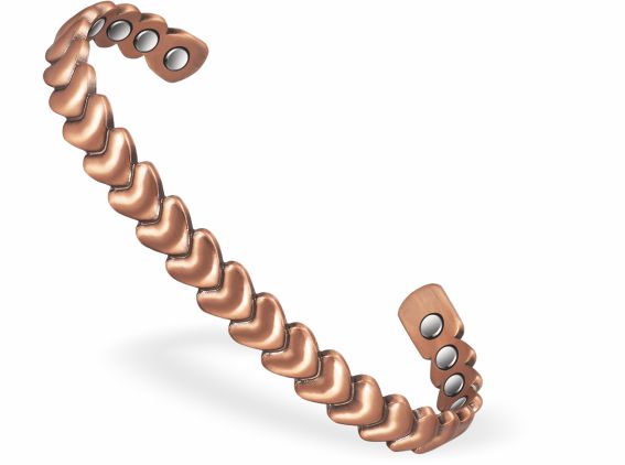 Magnetic Copper Bracelet with heart decoration
Copper, Adjustable bangle, with 8 magnets
Can combat joint pain and improve circulation
Delivered in a soft, black, velveteen pouch