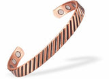 Magnetic Bracelet with tilted stripes imprint and 8 magnets Copper, Adjustable bangle Can combat joint pain and improve circulation Delivered in a soft, black, velveteen pouch